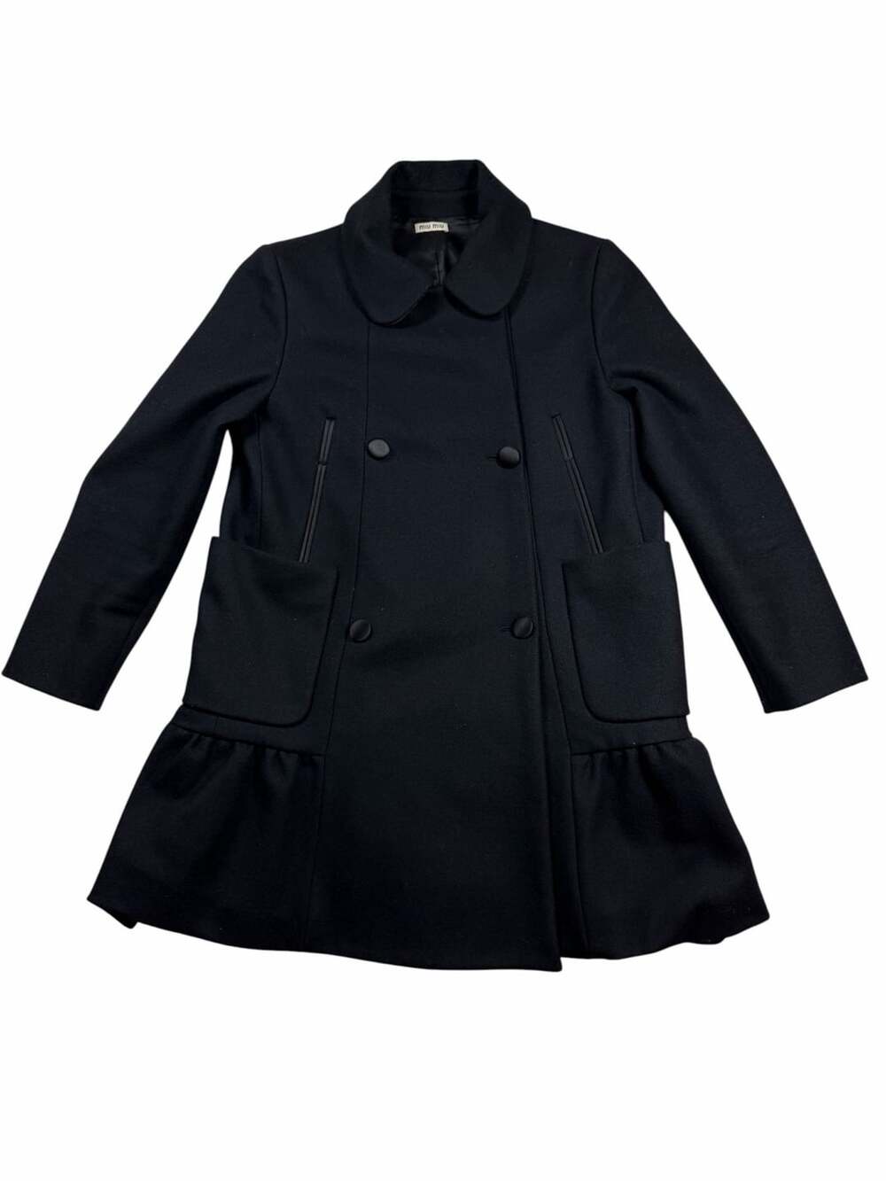 Miu Miu Wool Silk Ruffle Peplum Coat Black Size 40 Italy Double Breasted
